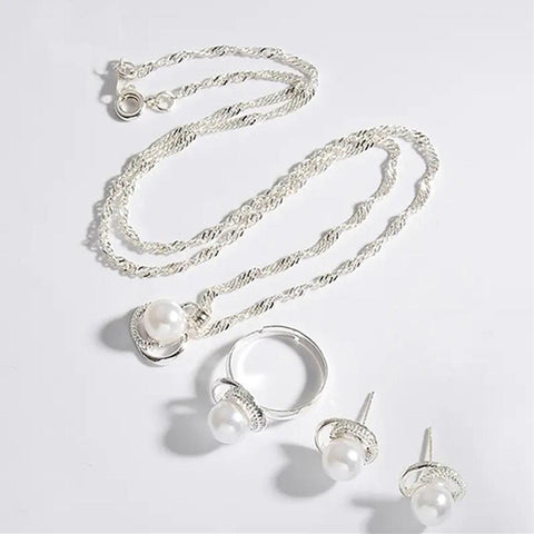 Delicate Faux Pearl Earring Ring, Ring & Necklace Set