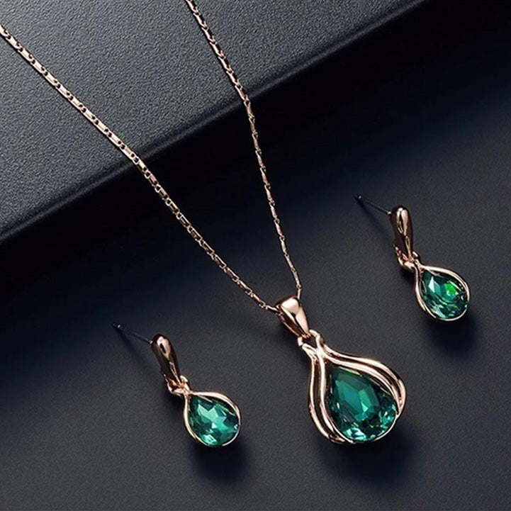 European and American Fashion Green Drop Pendant Necklace Earrings Set